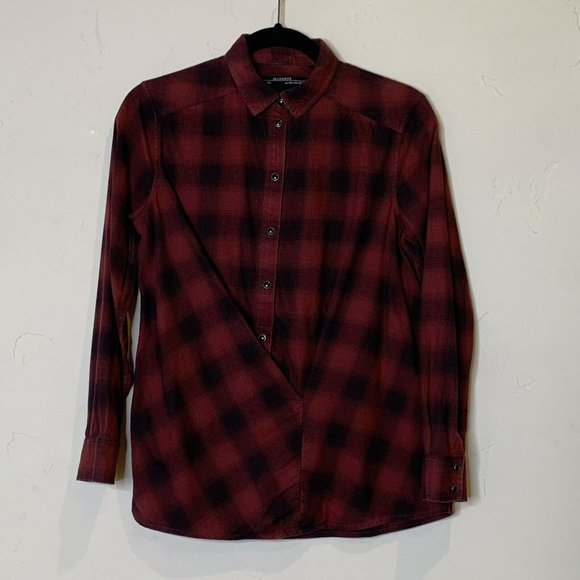 AllSaints Women's Size 4 Red Black Snap Cross Body Layer Flannel Long Sleeve Top - Picture 2 of 8